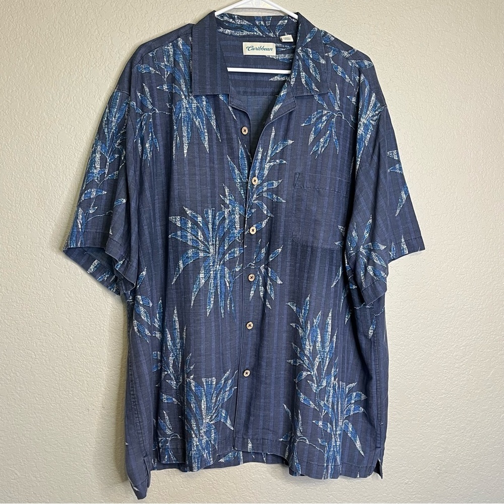 Caribbean Blue Floral Men's Button Down Hawaiian Shirt Size XXL